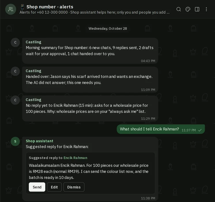 The alerts chat of a shop number: morning summary, a hand-over, a missed reply and a suggested reply to send or edit