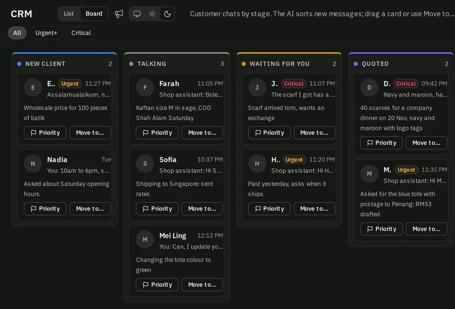 Castling CRM board with columns New client, Talking, Waiting for you and Quoted, cards flagged Urgent or Critical