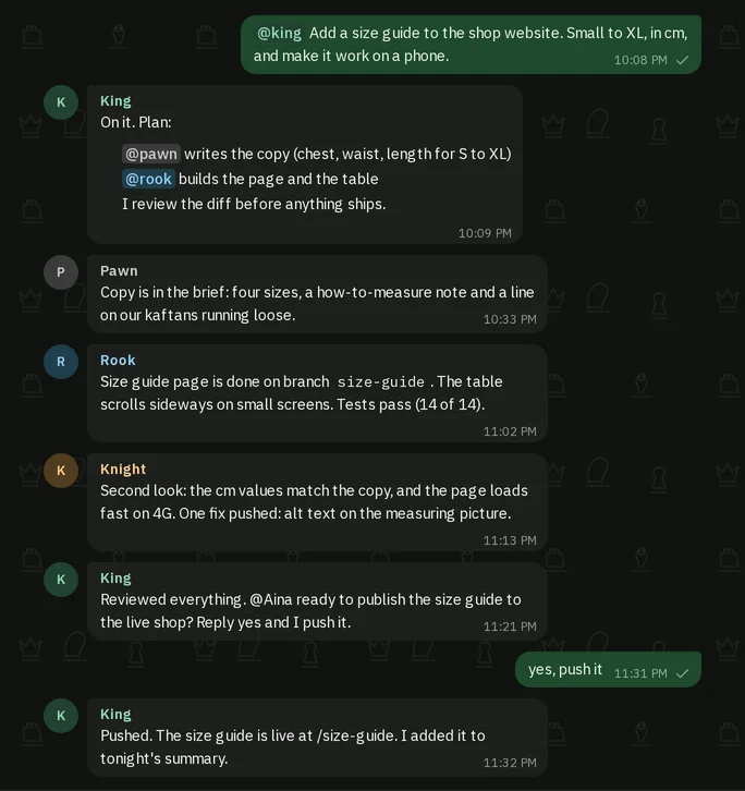 Castling team chat: King plans a size guide page, Pawn writes the copy, Rook builds it, Knight reviews, and King asks before publishing