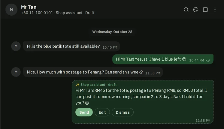 A customer asks if the blue batik tote is still available and how much with postage to Penang; Castling drafts the answer with the price and posting day, with Send, Edit and Dismiss buttons